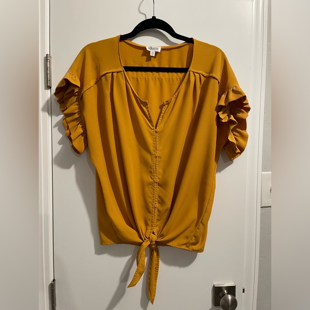 Glam Yellow Tie Front Ruffled Blouse